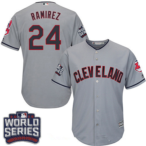 Men's Cleveland Indians #24 Manny Ramirez Gray Road 2016 World Series Patch Stitched MLB Majestic Cool Base Jersey