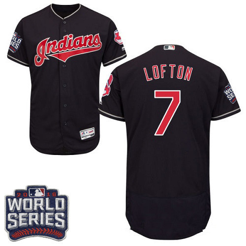 Men's Cleveland Indians #7 Kenny Lofton Navy Blue 2016 World Series Patch Stitched MLB Majestic Flex Base Jersey