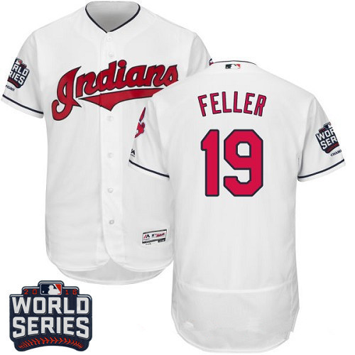 Men's Cleveland Indians #19 Bob Feller White Home 2016 World Series Patch Stitched MLB Majestic Flex Base Jersey