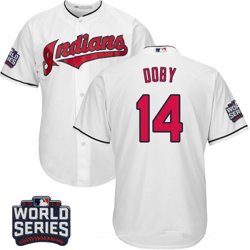Men's Cleveland Indians #14 Larry Doby White Home 2016 World Series Patch Stitched MLB Majestic Cool Base Jersey