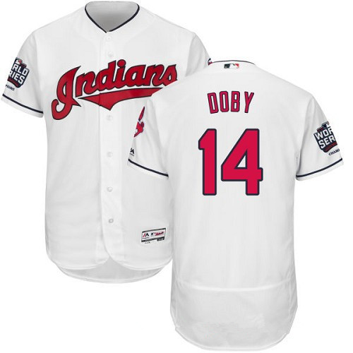 Men's Cleveland Indians #14 Larry Doby White Home 2016 World Series Patch Stitched MLB Majestic Flex Base Jersey
