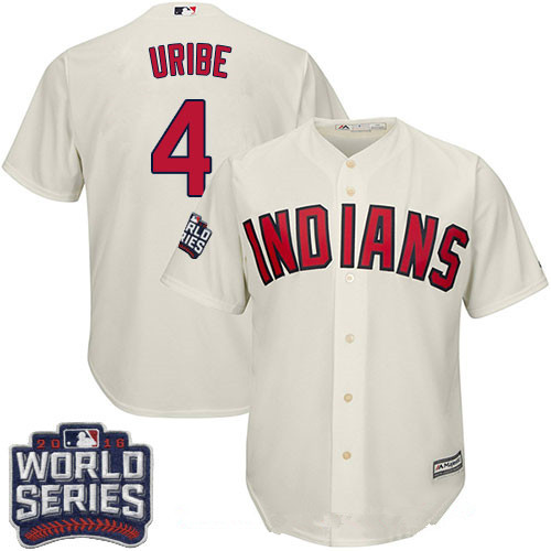Men's Cleveland Indians #4 Juan Uribe Cream Alternate 2016 World Series Patch Stitched MLB Majestic Cool Base Jersey