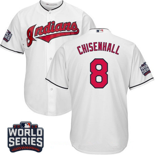 Men's Cleveland Indians #8 Lonnie Chisenhall White Home 2016 World Series Patch Stitched MLB Majestic Cool Base Jersey