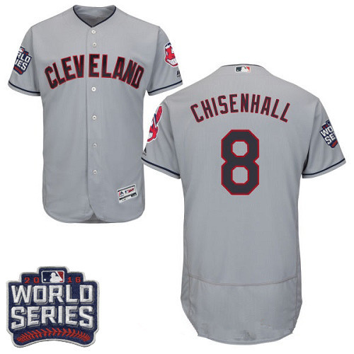 Men's Cleveland Indians #8 Lonnie Chisenhall Gray Road 2016 World Series Patch Stitched MLB Majestic Flex Base Jersey