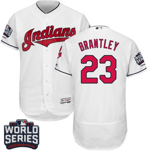 Men's Cleveland Indians #23 Michael Brantley White Home 2016 World Series Patch Stitched MLB Majestic Flex Base Jersey