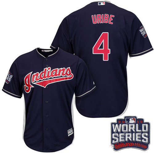 Men's Cleveland Indians #4 Juan Uribe Navy Blue Alternate 2016 World Series Patch Stitched MLB Majestic Cool Base Jersey