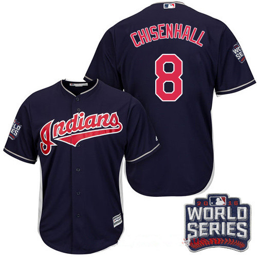 Men's Cleveland Indians #8 Lonnie Chisenhall Navy Blue Alternate 2016 World Series Patch Stitched MLB Majestic Cool Base Jersey