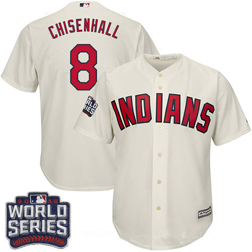 Men's Cleveland Indians #8 Lonnie Chisenhall Cream Alternate 2016 World Series Patch Stitched MLB Majestic Cool Base Jersey