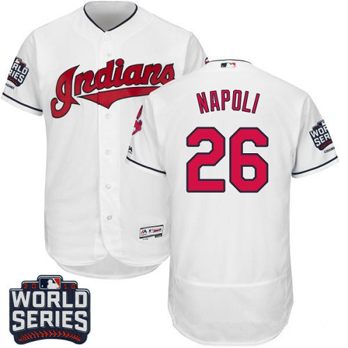 Men's Cleveland Indians #26 Mike Napoli White Home 2016 World Series Patch Stitched MLB Majestic Flex Base Jersey
