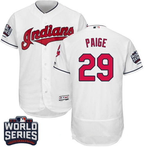 Men's Cleveland Indians #29 Satchel Paige White Home 2016 World Series Patch Stitched MLB Majestic Flex Base Jersey