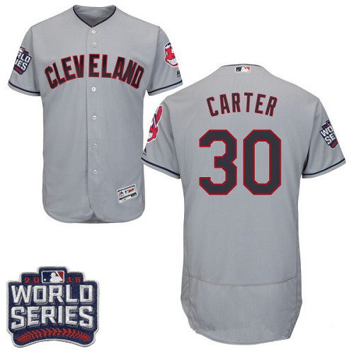 Men's Cleveland Indians #30 Joe Carter Gray Road 2016 World Series Patch Stitched MLB Majestic Flex Base Jersey