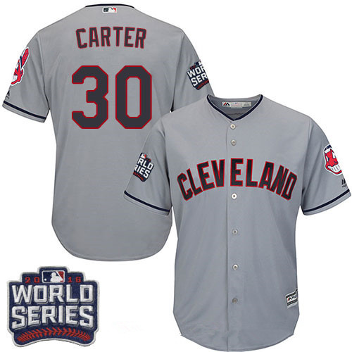 Men's Cleveland Indians #30 Joe Carter Gray Road 2016 World Series Patch Stitched MLB Majestic Cool Base Jersey