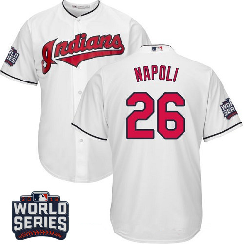 Men's Cleveland Indians #26 Mike Napoli White Home 2016 World Series Patch Stitched MLB Majestic Cool Base Jersey