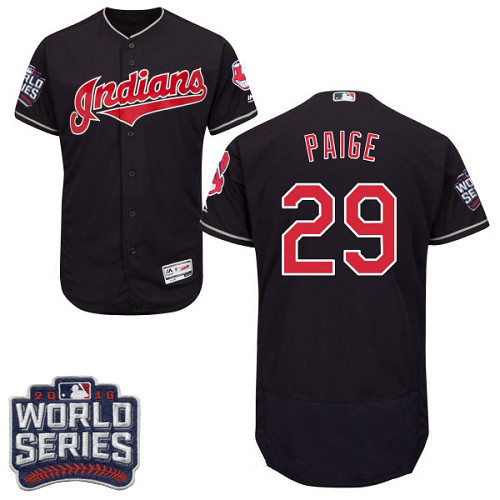 Men's Cleveland Indians #29 Satchel Paige Navy Blue 2016 World Series Patch Stitched MLB Majestic Flex Base Jersey
