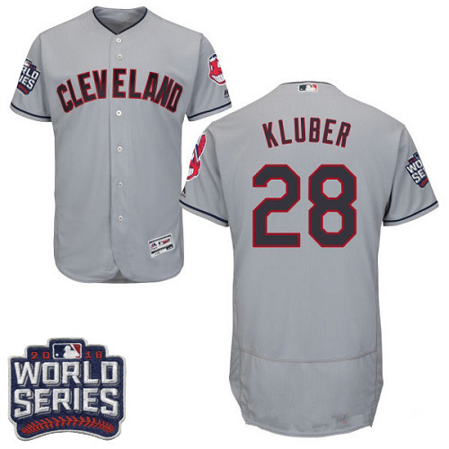 Men's Cleveland Indians #28 Corey Kluber Gray Road 2016 World Series Patch Stitched MLB Majestic Flex Base Jersey
