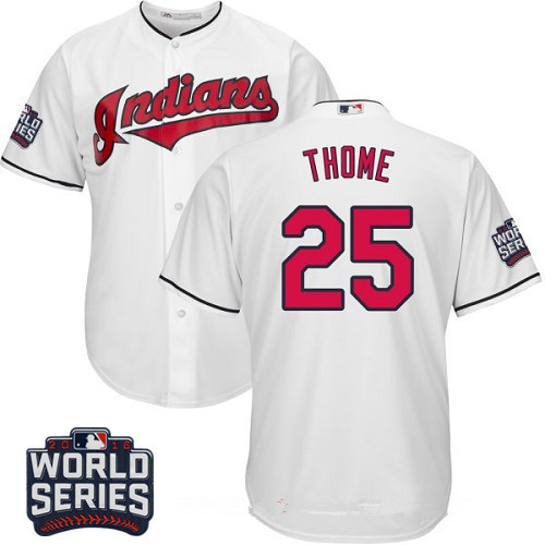 Men's Cleveland Indians #25 Jim Thome White Home 2016 World Series Patch Stitched MLB Majestic Cool Base Jersey