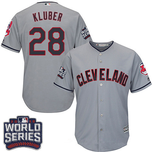 Men's Cleveland Indians #28 Corey Kluber Gray Road 2016 World Series Patch Stitched MLB Majestic Cool Base Jersey