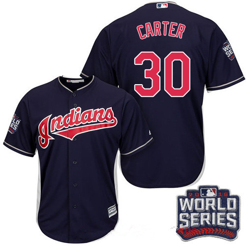 Men's Cleveland Indians #30 Joe Carter Navy Blue Alternate 2016 World Series Patch Stitched MLB Majestic Cool Base Jersey