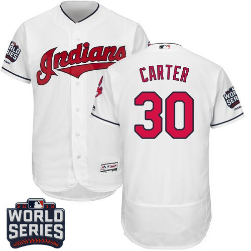 Men's Cleveland Indians #30 Joe Carter White Home 2016 World Series Patch Stitched MLB Majestic Flex Base Jersey