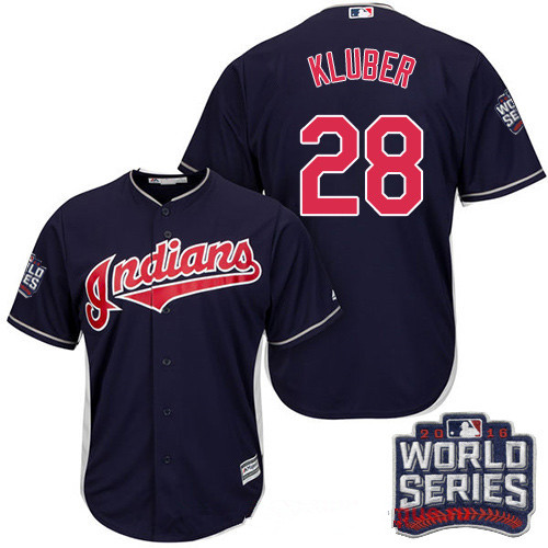 Men's Cleveland Indians #28 Corey Kluber Navy Blue Alternate 2016 World Series Patch Stitched MLB Majestic Cool Base Jersey
