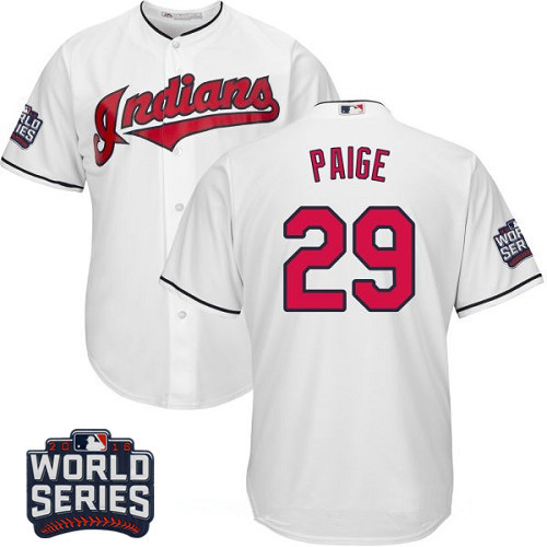 Men's Cleveland Indians #29 Satchel Paige White Home 2016 World Series Patch Stitched MLB Majestic Cool Base Jersey