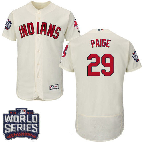 Men's Cleveland Indians #29 Satchel Paige Cream 2016 World Series Patch Stitched MLB Majestic Flex Base Jersey