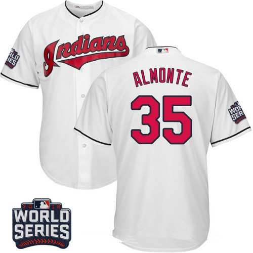 Men's Cleveland Indians #35 Abraham Almonte White Home 2016 World Series Patch Stitched MLB Majestic Cool Base Jersey