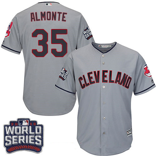Men's Cleveland Indians #35 Abraham Almonte Gray Road 2016 World Series Patch Stitched MLB Majestic Cool Base Jersey