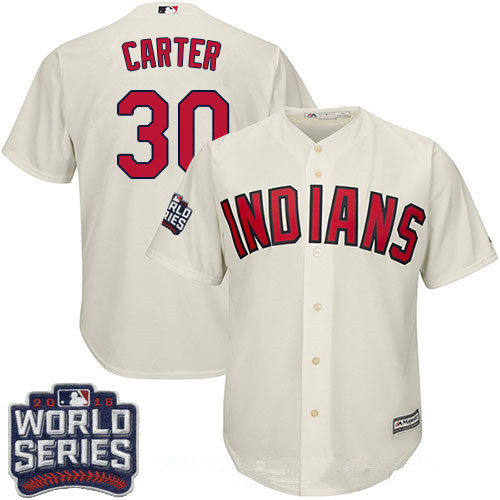 Men's Cleveland Indians #30 Joe Carter Cream Alternate 2016 World Series Patch Stitched MLB Majestic Cool Base Jersey