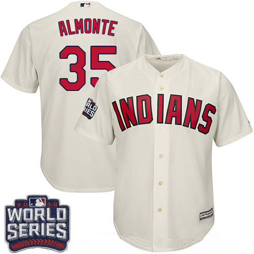 Men's Cleveland Indians #35 Abraham Almonte Cream Alternate 2016 World Series Patch Stitched MLB Majestic Cool Base Jersey