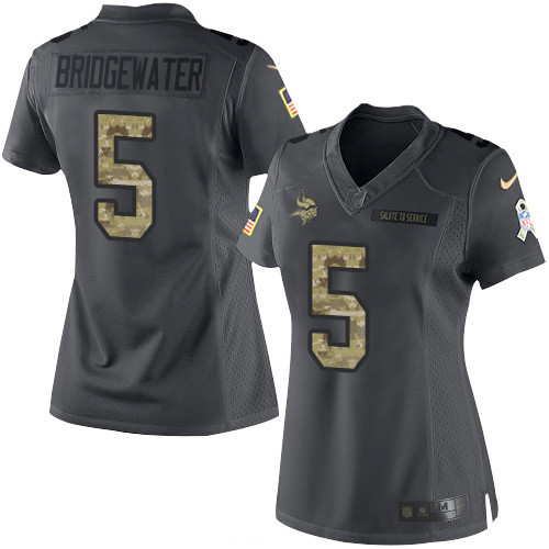 Women's Minnesota Vikings #5 Teddy Bridgewater Black Anthracite 2016 Salute To Service Stitched NFL Nike Limited Jersey