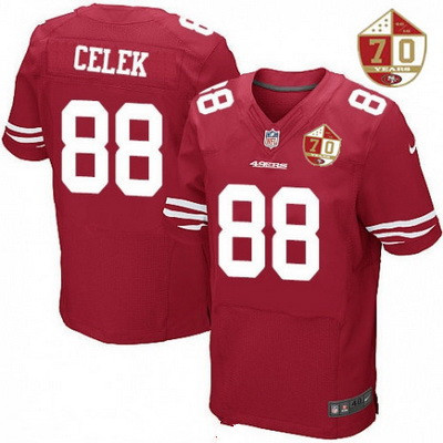Men's San Francisco 49ers #88 Garrett Celek Scarlet Red 70th Anniversary Patch Stitched NFL Nike Elite Jersey