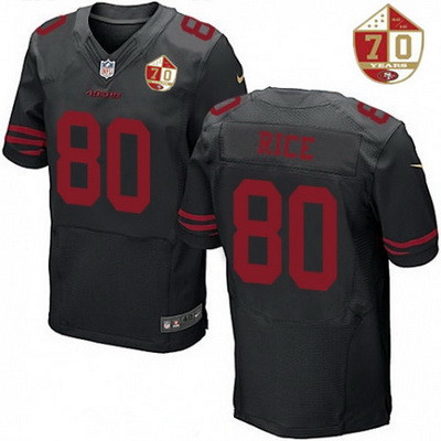 Men's San Francisco 49ers #80 Jerry Rice Black Color Rush 70th Anniversary Patch Stitched NFL Nike Elite Jersey
