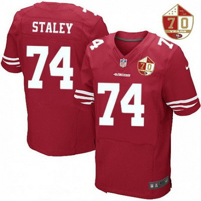 Men's San Francisco 49ers #74 Joe Staley Scarlet Red 70th Anniversary Patch Stitched NFL Nike Elite Jersey