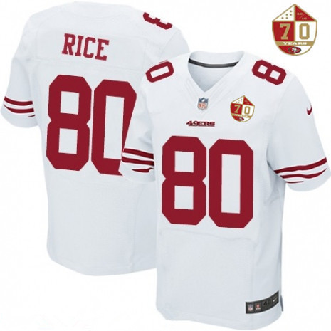 Men's San Francisco 49ers #80 Jerry Rice White 70th Anniversary Patch Stitched NFL Nike Elite Jersey