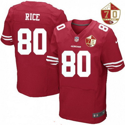 Men's San Francisco 49ers #80 Jerry Rice Scarlet Red 70th Anniversary Patch Stitched NFL Nike Elite Jersey