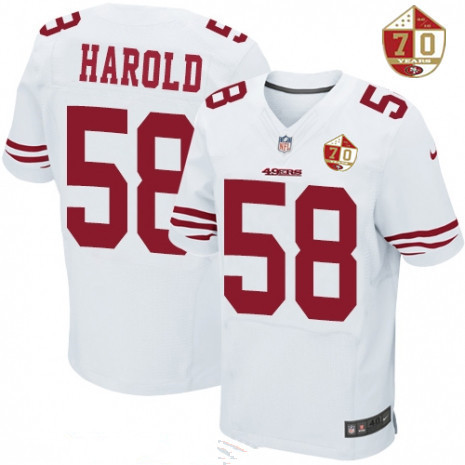 Men's San Francisco 49ers #58 Eli Harold White 70th Anniversary Patch Stitched NFL Nike Elite Jersey