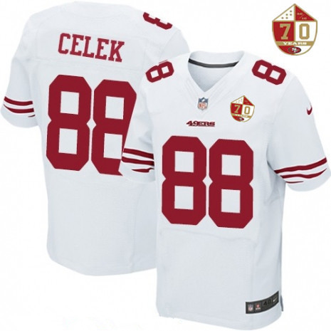 Men's San Francisco 49ers #88 Garrett Celek White 70th Anniversary Patch Stitched NFL Nike Elite Jersey