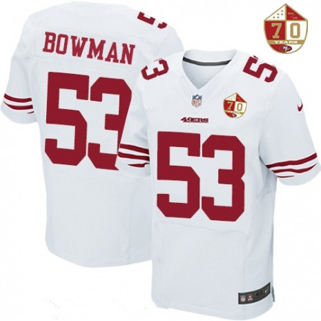 Men's San Francisco 49ers #53 NaVorro Bowman White 70th Anniversary Patch Stitched NFL Nike Elite Jersey