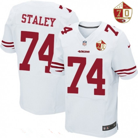 Men's San Francisco 49ers #74 Joe Staley White 70th Anniversary Patch Stitched NFL Nike Elite Jersey