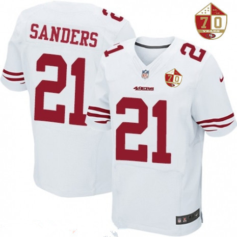 Men's San Francisco 49ers #21 Deion Sanders White 70th Anniversary Patch Stitched NFL Nike Elite Jersey