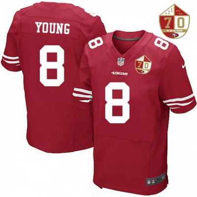 Men's San Francisco 49ers #8 Steve Young Scarlet Red 70th Anniversary Patch Stitched NFL Nike Elite Jersey