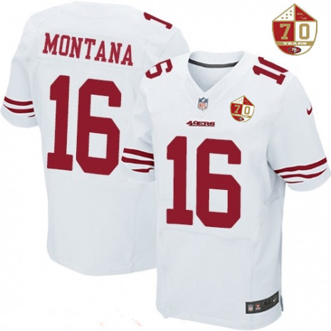 Men's San Francisco 49ers #16 Joe Montana White 70th Anniversary Patch Stitched NFL Nike Elite Jersey