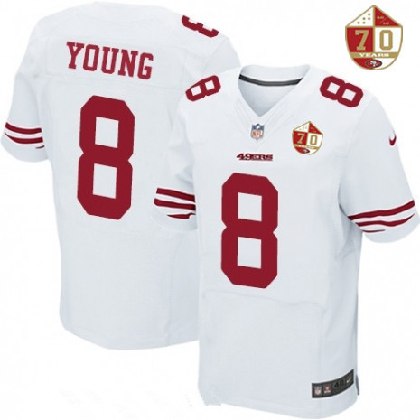 Men's San Francisco 49ers #8 Steve Young White 70th Anniversary Patch Stitched NFL Nike Elite Jersey