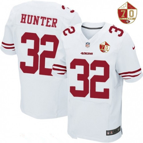 Men's San Francisco 49ers #32 Kendall Hunter White 70th Anniversary Patch Stitched NFL Nike Elite Jersey