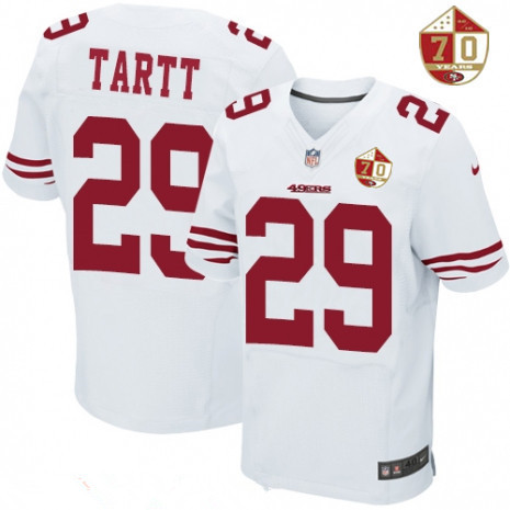 Men's San Francisco 49ers #29 Jaquiski Tartt White 70th Anniversary Patch Stitched NFL Nike Elite Jersey