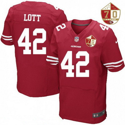 Men's San Francisco 49ers #42 Ronnie Lott Scarlet Red 70th Anniversary Patch Stitched NFL Nike Elite Jersey