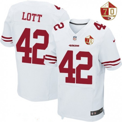 Men's San Francisco 49ers #42 Ronnie Lott White 70th Anniversary Patch Stitched NFL Nike Elite Jersey