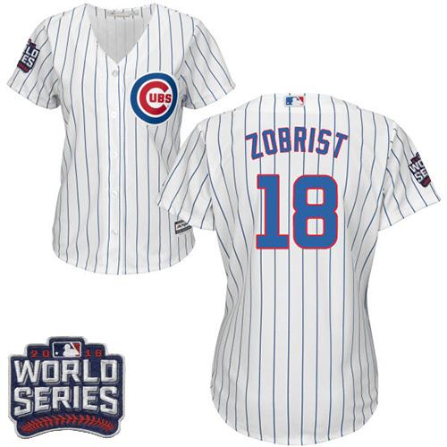 Cubs #18 Ben Zobrist White(Blue Strip) Home 2016 World Series Bound Women's Stitched MLB Jersey