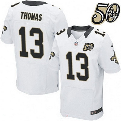Men's New Orleans Saints #13 Michael Thomas White 50th Season Patch Stitched NFL Nike Elite Jersey